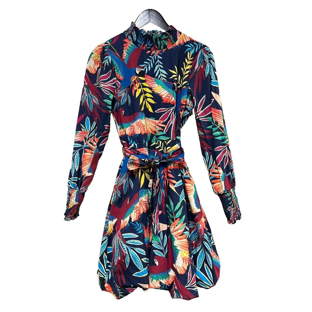 Farm for Anthropologie Fit & Flare Dress Parrot Print Bubble Hem Sash Belt,  XS